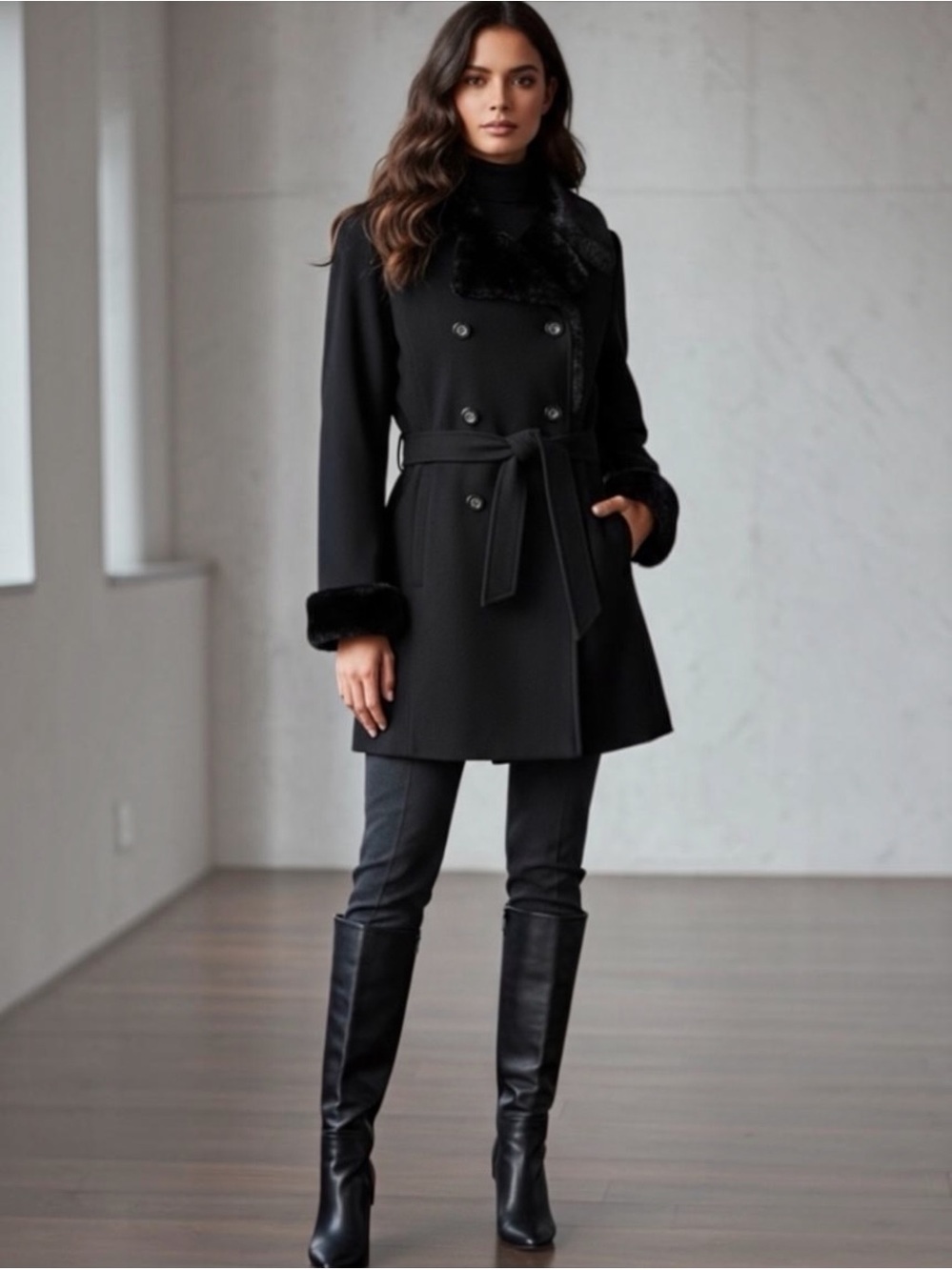 Donnybrook Vintage 90s Black Wool Faux Fur Trim Belted Trench Peacoat Jacket M